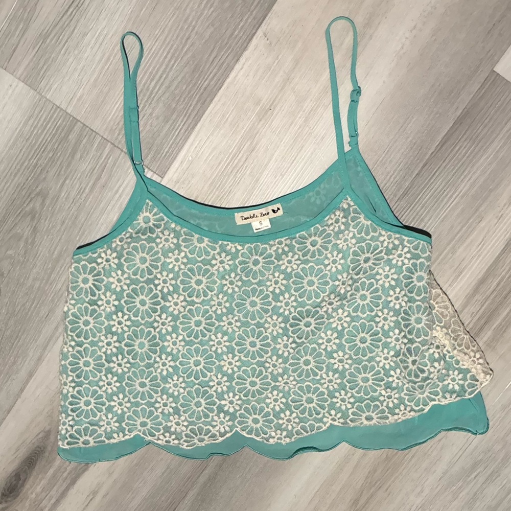 DOUBLE ZERO LAYERED AQUA WHITE LACE TANK TOP